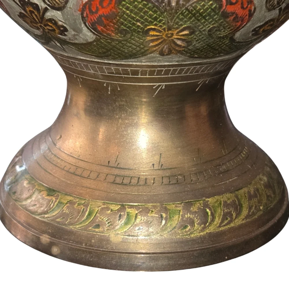 Penco Industries‎ Vintage Large Red & Gray Enamel On Brass Cloisonne Vase 14